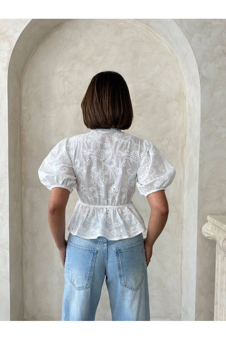 Front Tie Embroidered Voile Blouse