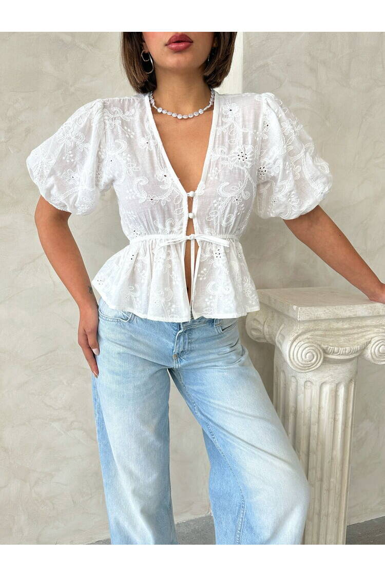 Front Tie Embroidered Voile Blouse