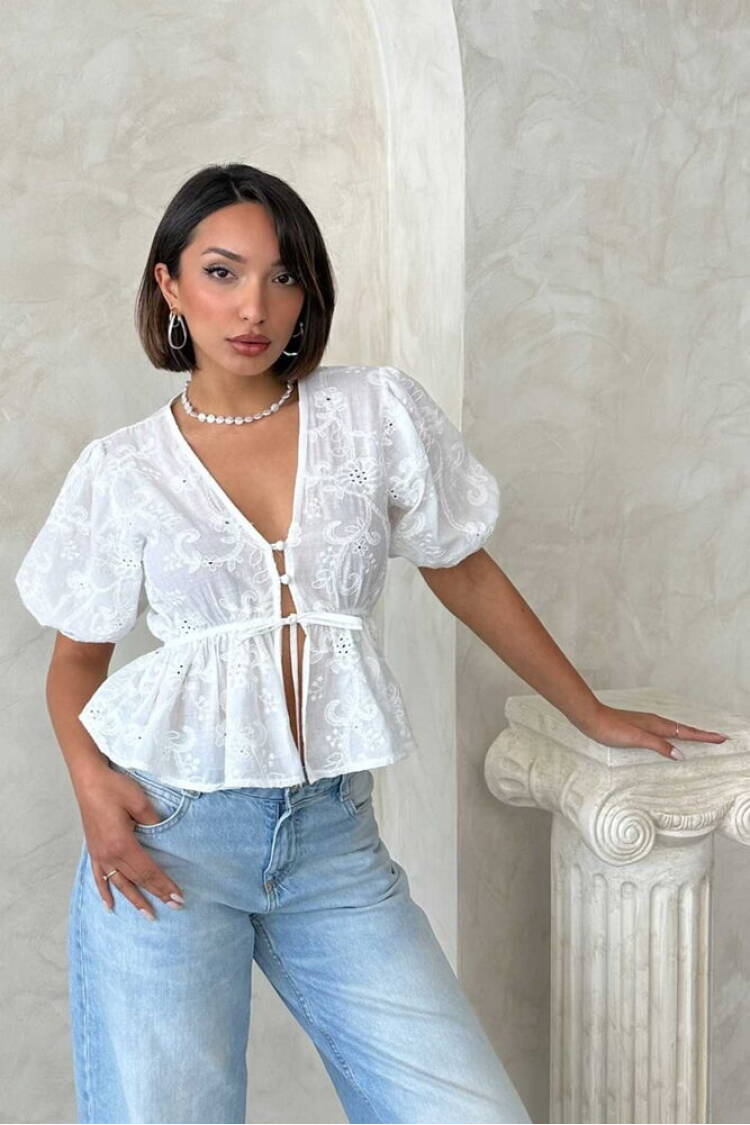 Front Tie Embroidered Voile Blouse - Brand: Topshow - Women's Clothing Wholesale - Globality Store