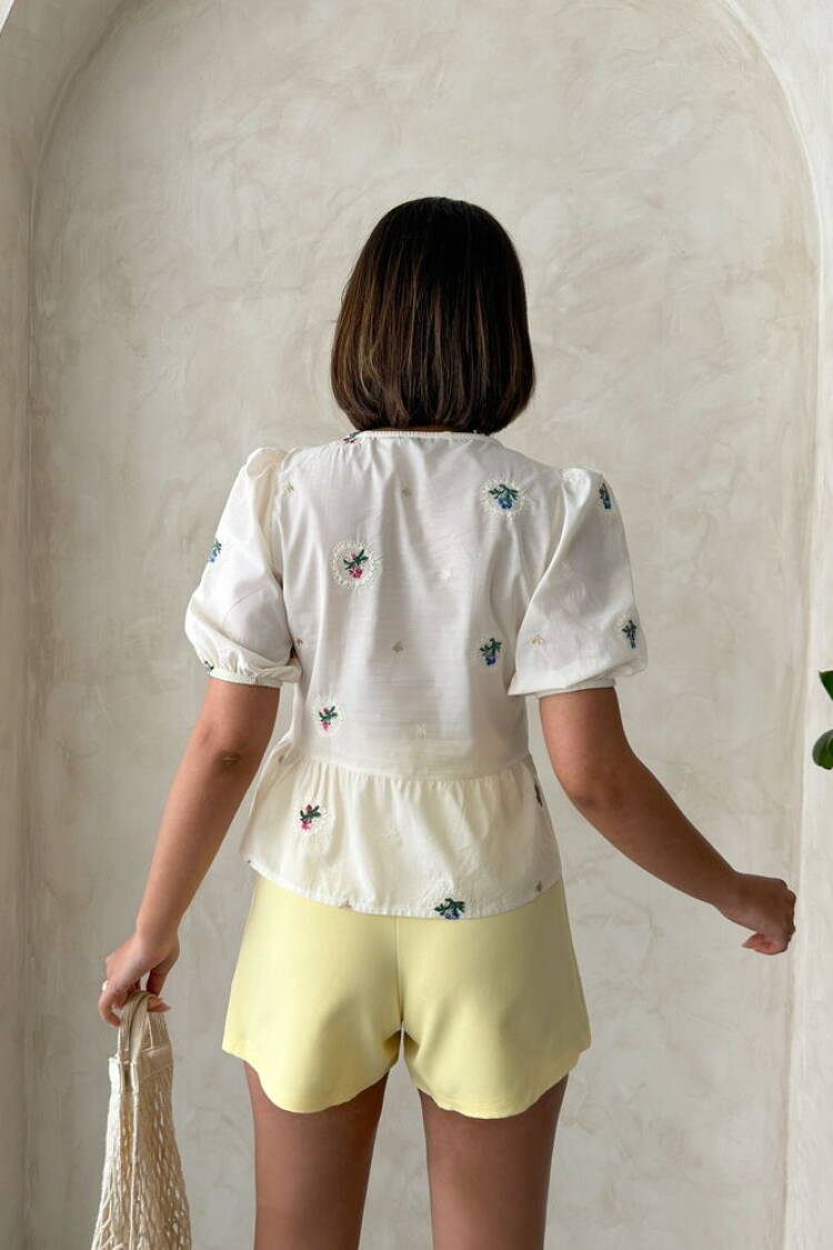 Front Tie Embroidered Blouse - Stone