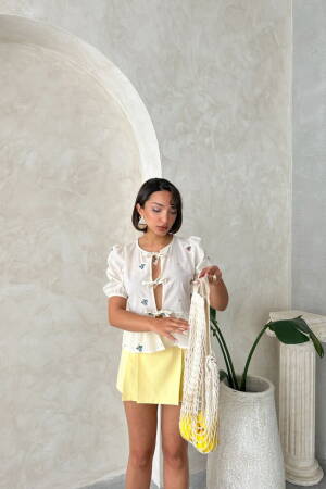 Front Tie Embroidered Blouse - Stone - Topshow - Globality Store - Women Clothes Wholesale Turkey