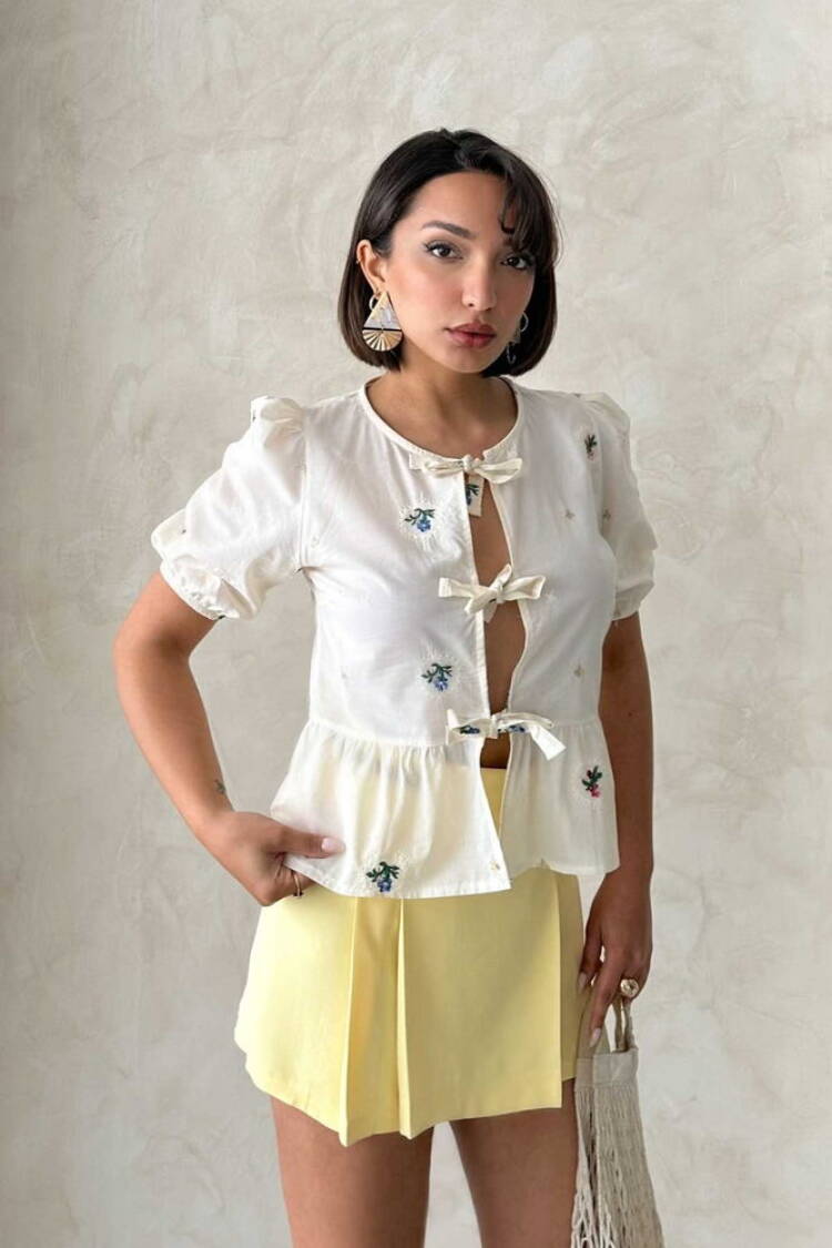 Front Tie Embroidered Blouse - Stone - Topshow - Globality Store - Women Clothes Wholesale Turkey