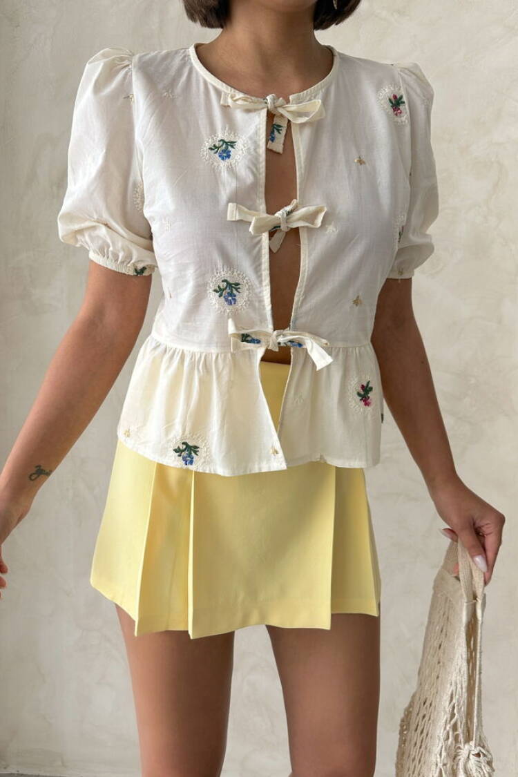 Front Tie Embroidered Blouse - Stone