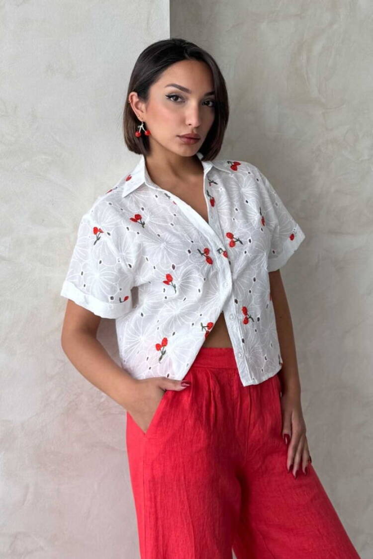 Embroidered Embroidered Shirt - Cherry - Topshow - Globality Store - Women Clothes Wholesale Turkey