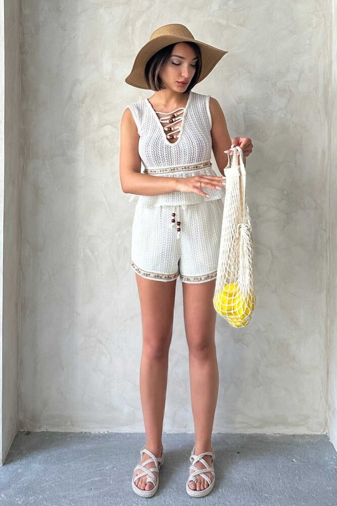 Stripe Detailed Lace Shorts - Raw - Topshow - Globality Store - Women Clothes Wholesale Turkey