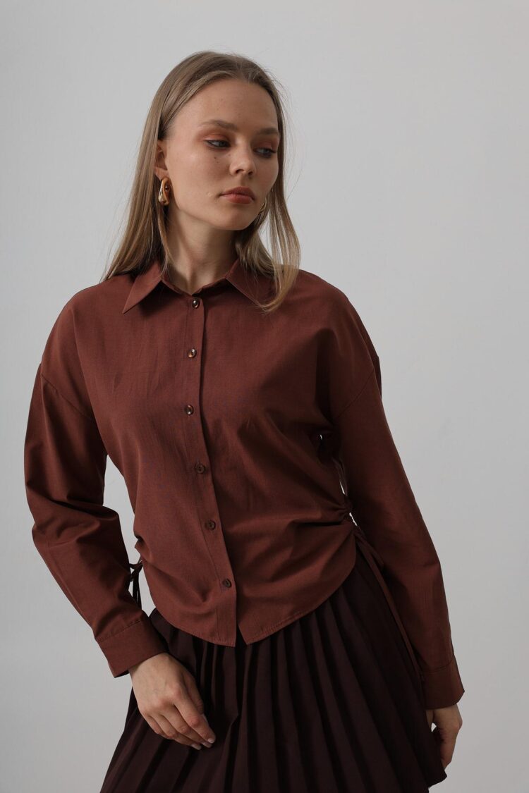 Basic Shirt With Side Tie - Dark - Reyon - Globality Store - Women Clothes Wholesale Turkey