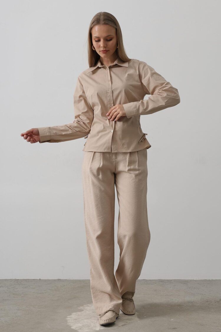 Striped Side Striped Shirt - Camel - Reyon - Globality Store - Women Clothes Wholesale Turkey