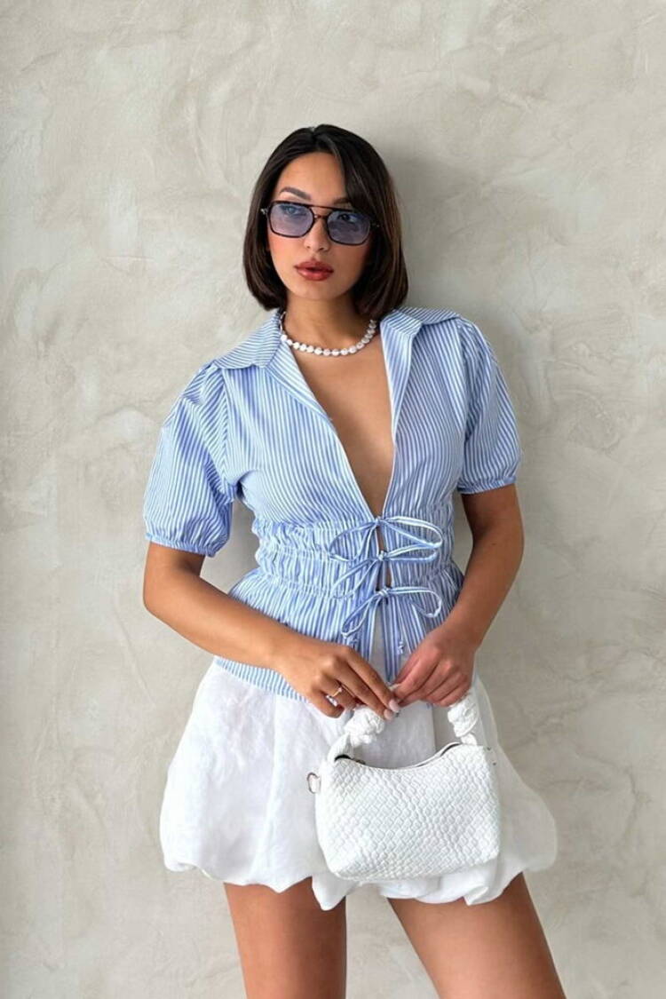 D2812 Front Tie Striped Shirt - Topshow - Globality Store - Women Clothes Wholesale Turkey