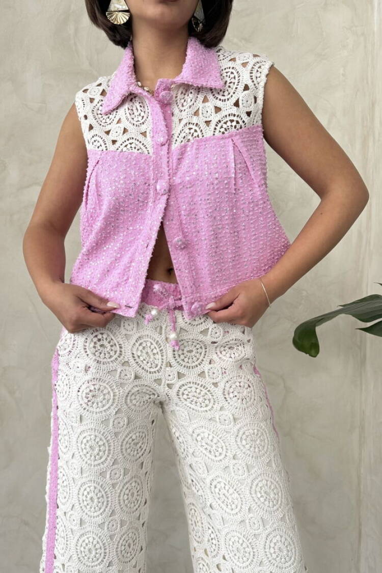 Lace Detailed Sequin Denim Jacket