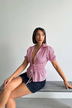 D2812 Front Tie Striped Shirt - Burgundy - Topshow - Globality Store - Women Clothes Wholesale Turkey