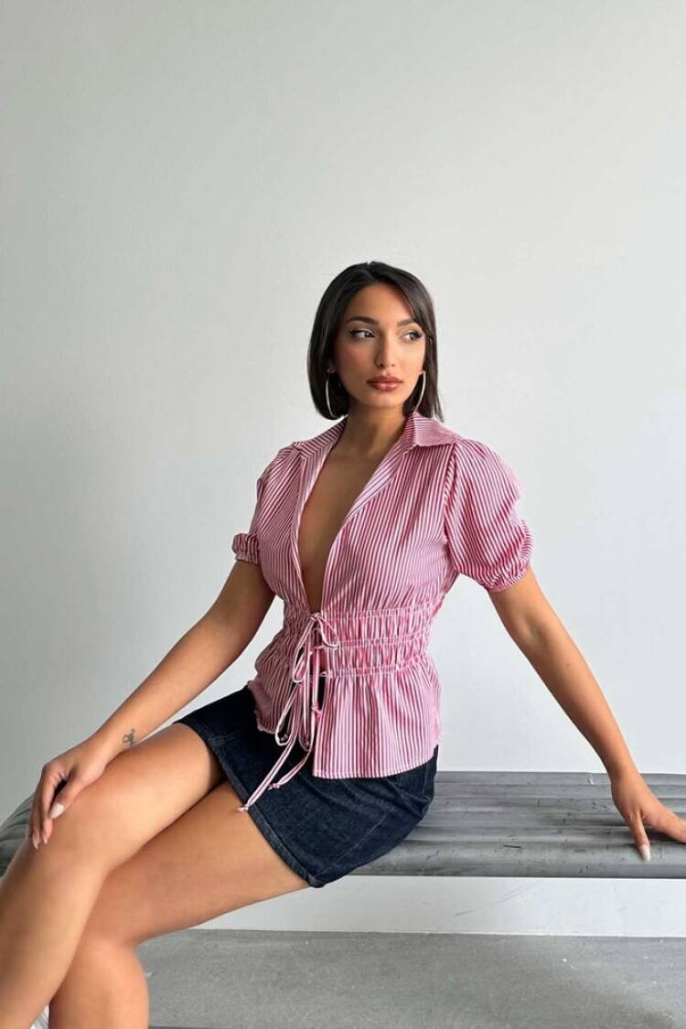 D2812 Front Tie Striped Shirt - Burgundy - Topshow - Globality Store - Women Clothes Wholesale Turkey
