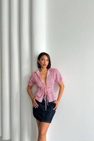 D2812 Front Tie Striped Shirt - Burgundy - Topshow - Globality Store - Women Clothes Wholesale Turkey