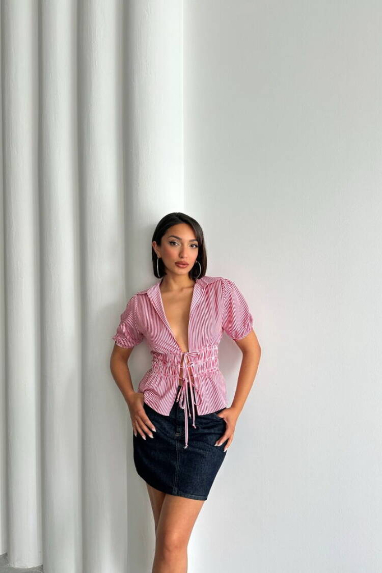 D2812 Front Tie Striped Shirt - Burgundy