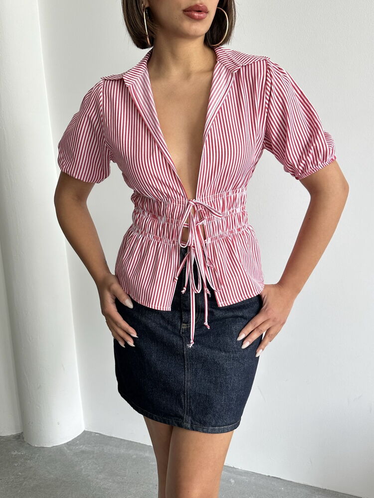 D2812 Front Tie Striped Shirt - Burgundy