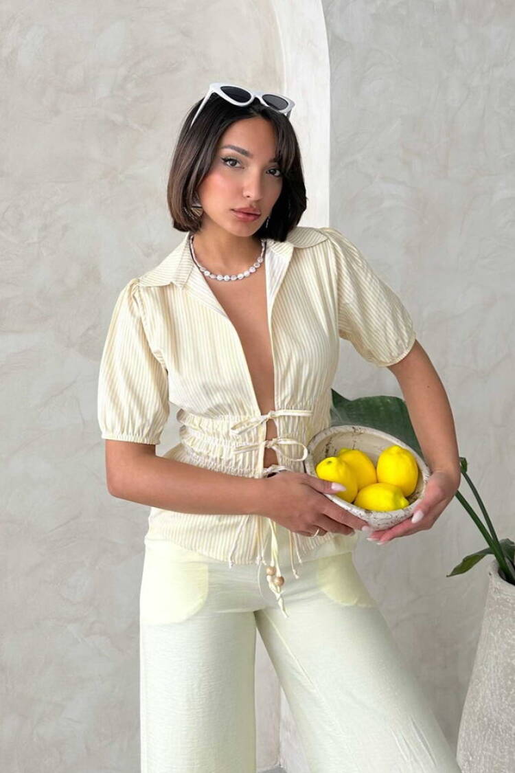 D2812 Front Tie Striped Shirt - Topshow - Globality Store - Women Clothes Wholesale Turkey