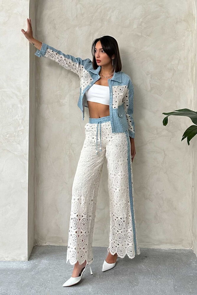 Denim Detailed Lace Pants - Raw - Topshow - Globality Store - Women Clothes Wholesale Turkey