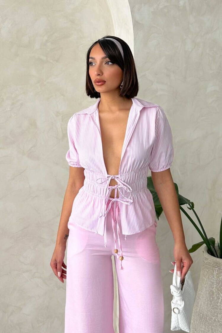 D2812 Front Tie Striped Shirt - Topshow - Globality Store - Women Clothes Wholesale Turkey