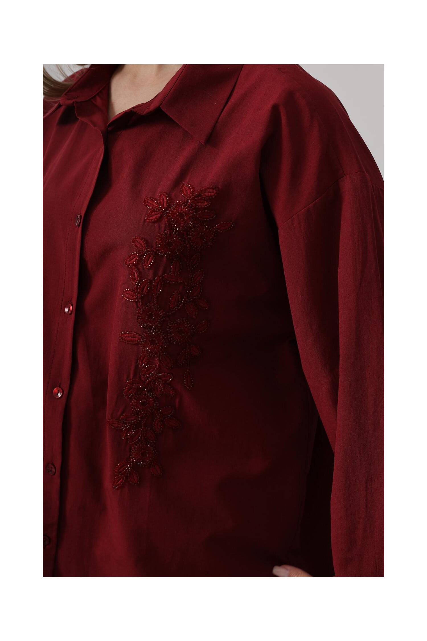 Bead Embroidery Detailed Long Shirt - Burgundy - Brand: Reyon - Women's Clothing Wholesale - Globality Store
