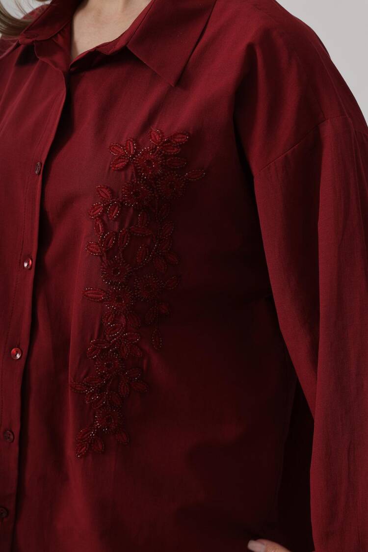 Bead Embroidery Detailed Long Shirt - Burgundy