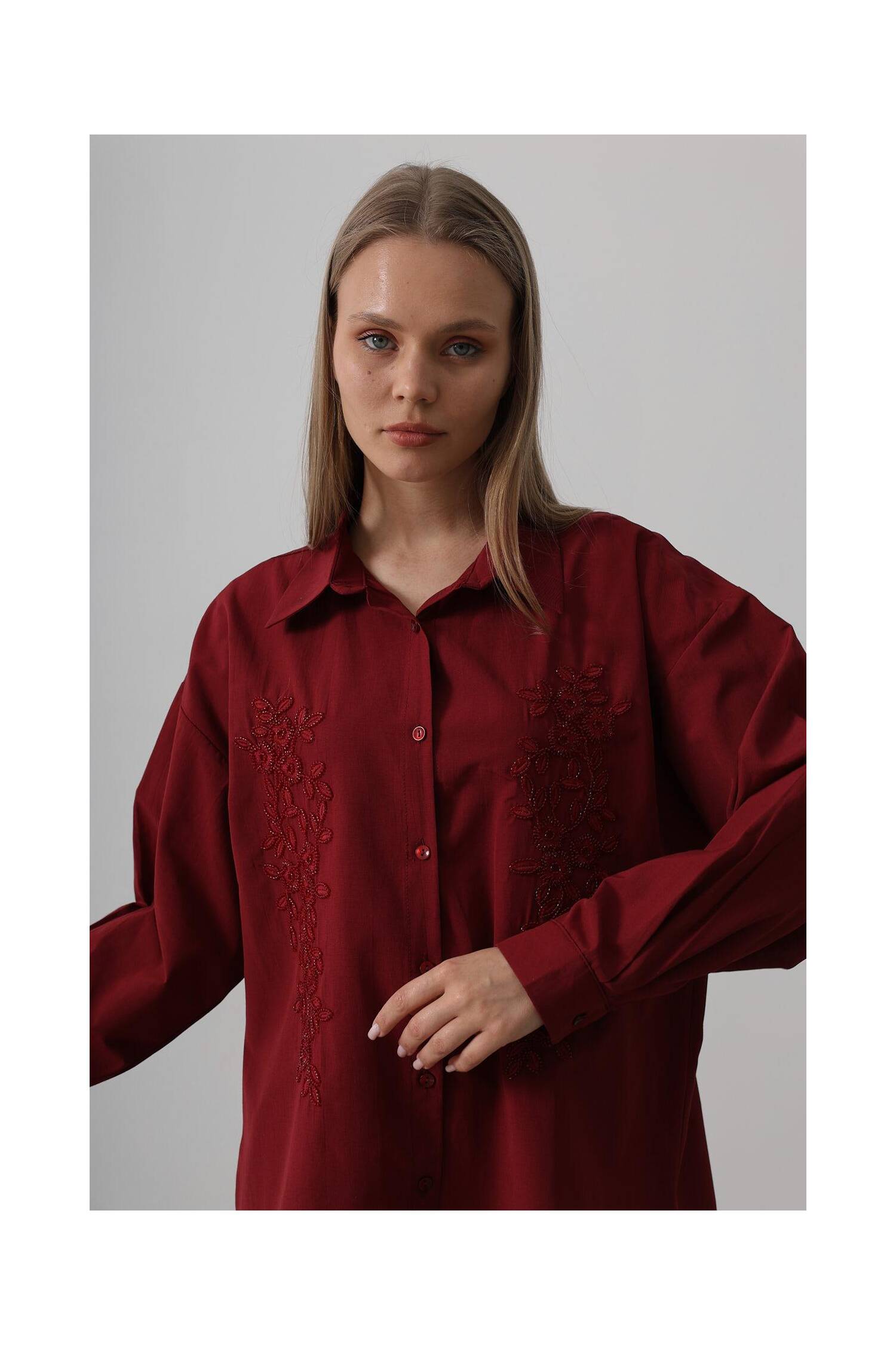 Bead Embroidery Detailed Long Shirt - Burgundy - Brand: Reyon - Women's Clothing Wholesale - Globality Store