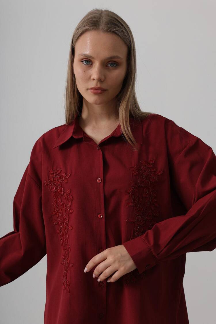 Bead Embroidery Detailed Long Shirt - Burgundy