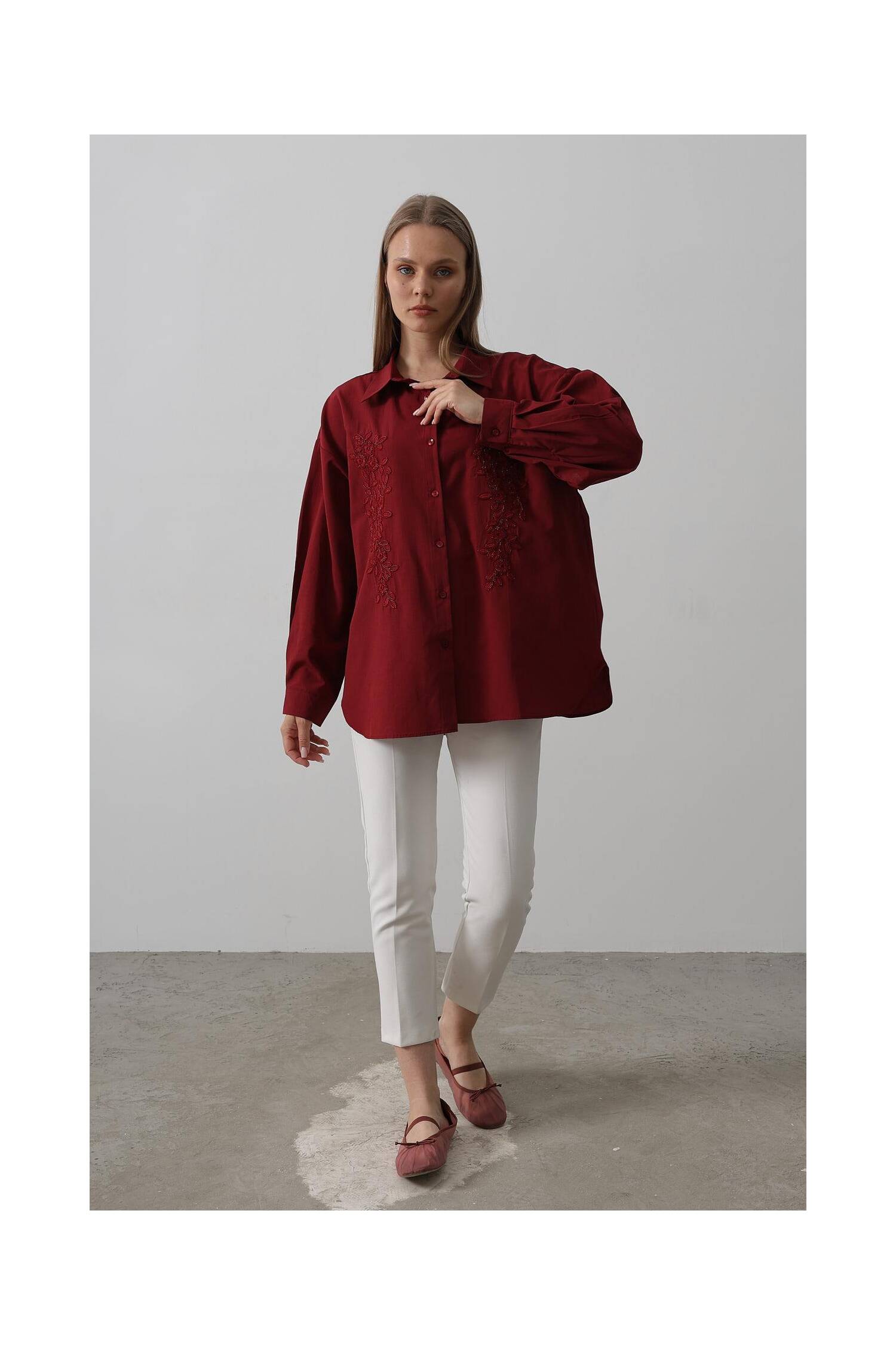 Bead Embroidery Detailed Long Shirt - Burgundy - Brand: Reyon - Women's Clothing Wholesale - Globality Store