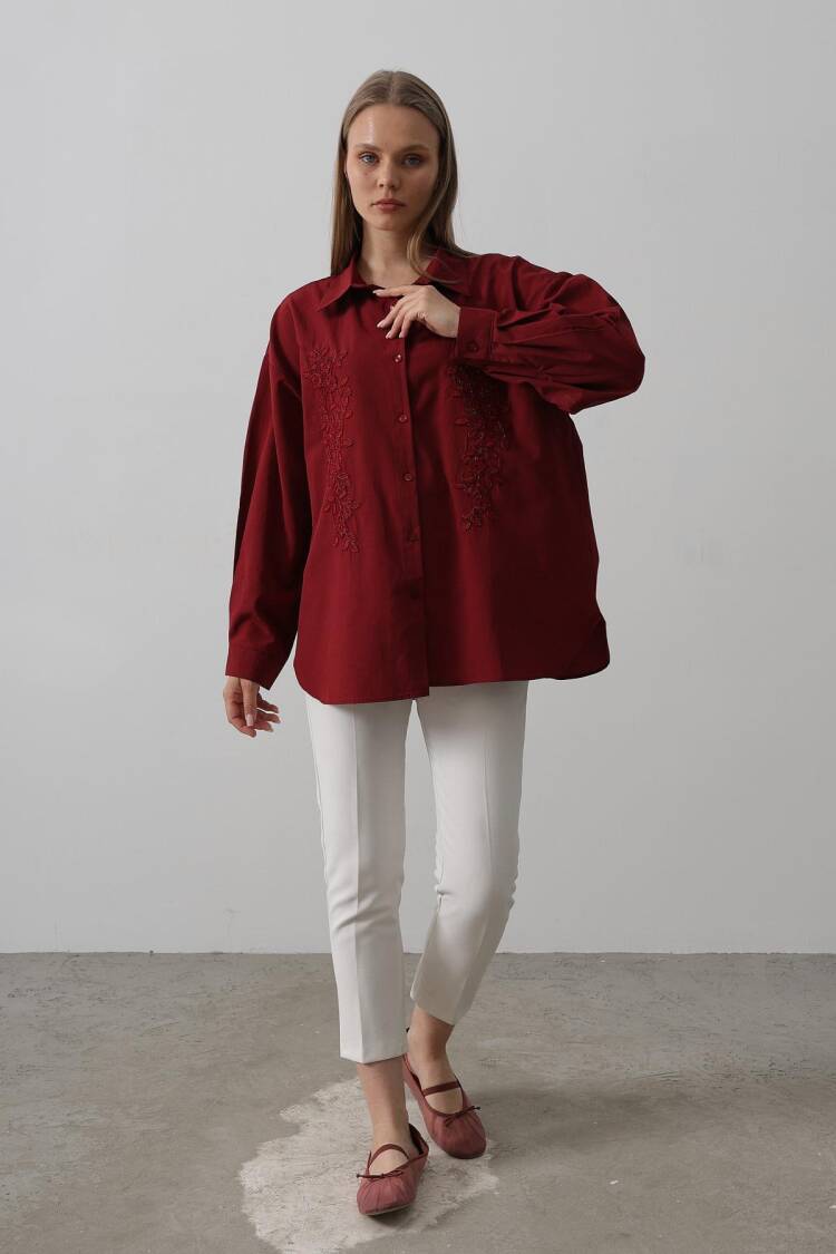 Bead Embroidery Detailed Long Shirt - Burgundy - Brand: Reyon - Women's Clothing Wholesale - Globality Store