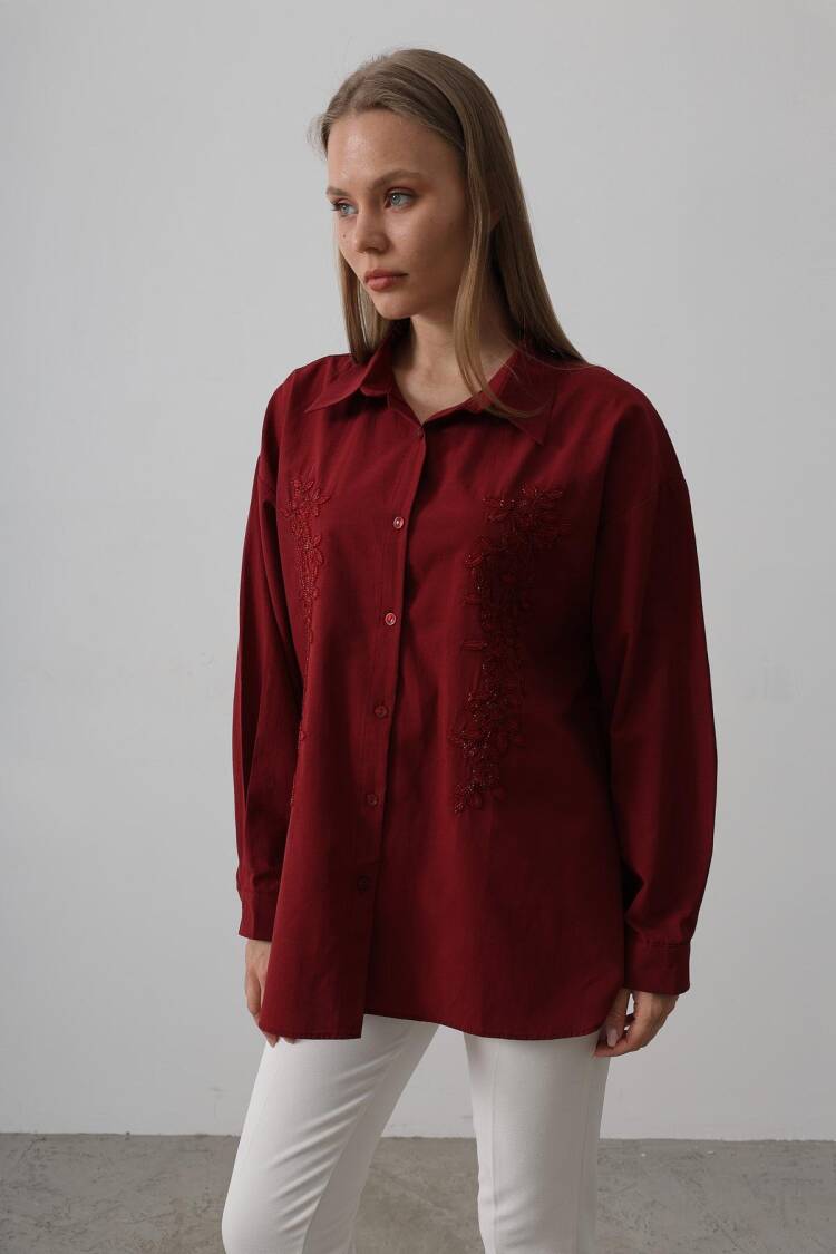 Bead Embroidery Detailed Long Shirt - Burgundy