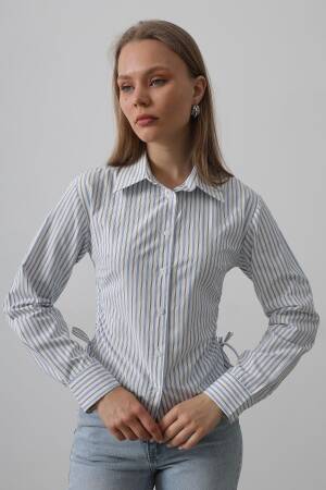 Striped Shirt With Side Ruffle - -black - Reyon - Globality Store - Women Clothes Wholesale Turkey