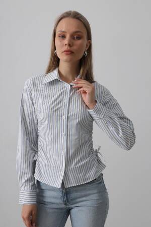 Striped Shirt With Side Ruffle - -black - Reyon - Globality Store - Women Clothes Wholesale Turkey