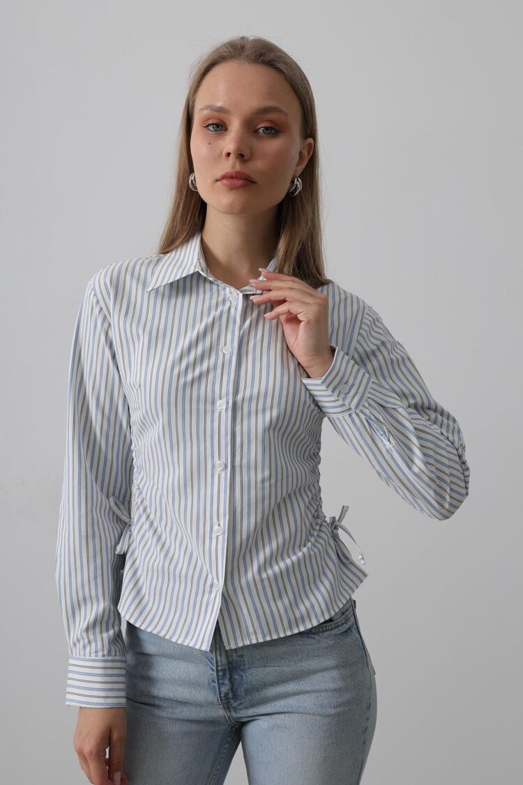 Striped Shirt With Side Ruffle - -black - Reyon - Globality Store - Women Clothes Wholesale Turkey