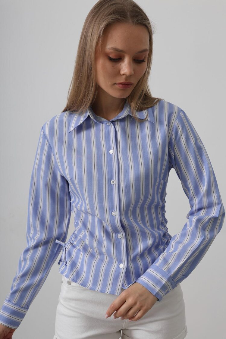 Striped Shirt With Side Stripes - -White - Reyon - Globality Store - Women Clothes Wholesale Turkey