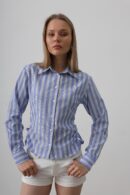 Striped Shirt With Side Stripes - -White - Reyon - Globality Store - Women Clothes Wholesale Turkey