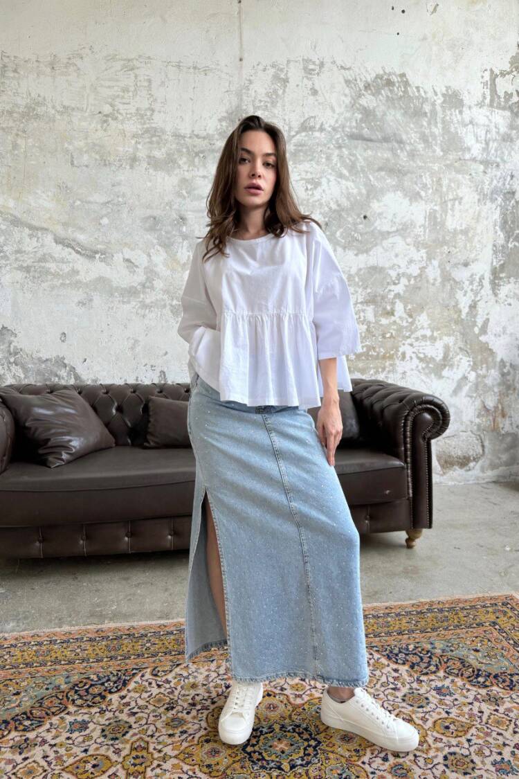 Skirt With Side Slit - Cream Rouge - Globality Store - Women Clothes Wholesale Turkey