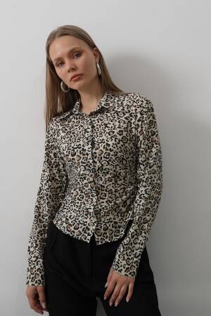 Leopard Shirt With Ruffles On The Sides - Leopard - Reyon - Globality Store - Women Clothes Wholesale Turkey