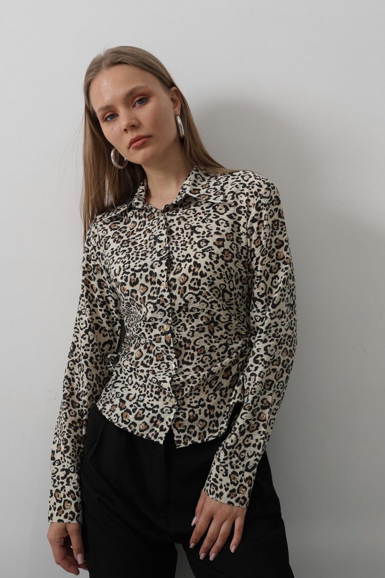 Leopard Shirt With Ruffles On The Sides - Leopard - Reyon - Globality Store - Women Clothes Wholesale Turkey