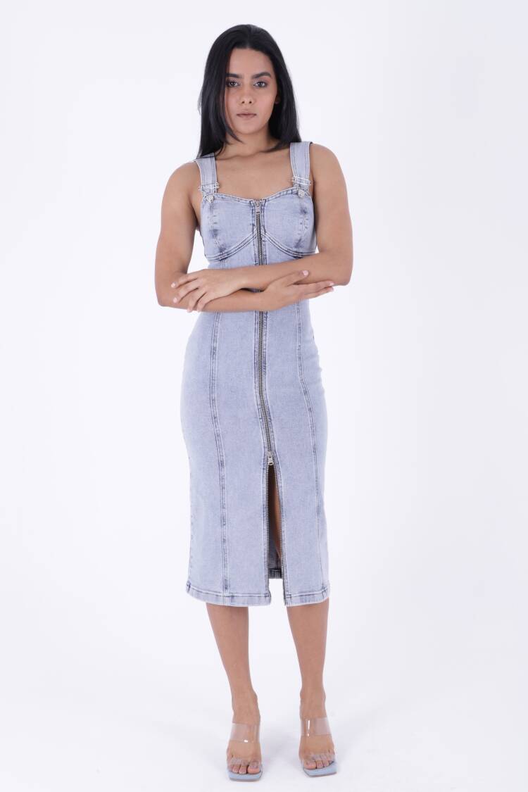 Adjustable Strappy Denim Dress With Lycra Coupe - XLove - Globality Store - Women Clothes Wholesale Turkey