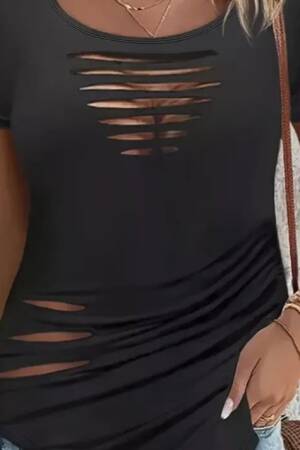 Women's Short Sleeve Collar Open Laser Cut Detailed Viscose Blouse - Black - Janes - Globality Store - Women Clothes Wholesale Turkey