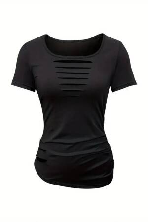 Women's Short Sleeve Collar Open Laser Cut Detailed Viscose Blouse - Black - Janes - Globality Store - Women Clothes Wholesale Turkey
