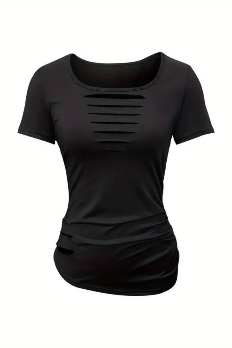 Women's Short Sleeve Collar Open Laser Cut Detailed Viscose Blouse - Black