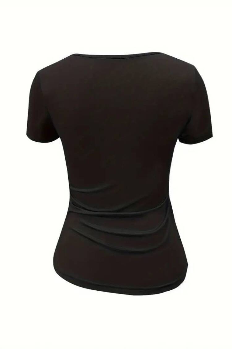 Women's Short Sleeve Collar Open Laser Cut Detailed Viscose Blouse - Black