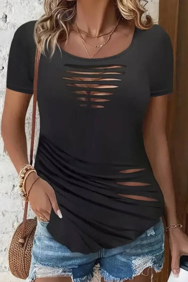 Women's Short Sleeve Collar Open Laser Cut Detailed Viscose Blouse - Black