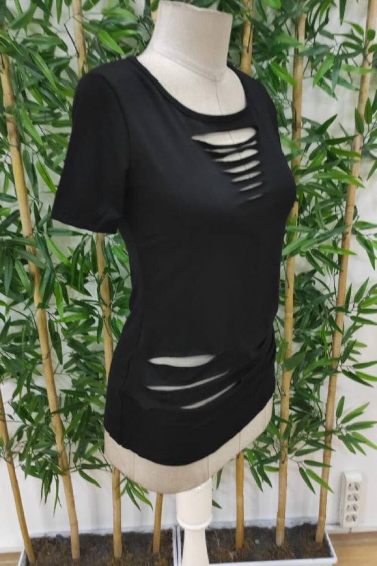 Women's Short Sleeve Collar Open Laser Cut Detailed Viscose Blouse - Black
