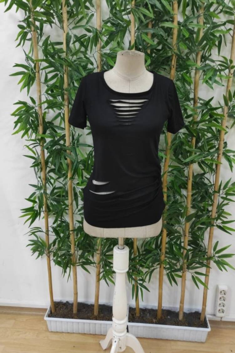 Women's Short Sleeve Collar Open Laser Cut Detailed Viscose Blouse - Black