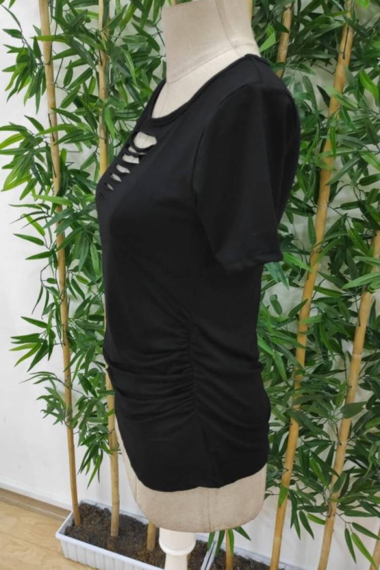 Women's Short Sleeve Collar Open Laser Cut Detailed Viscose Blouse - Black