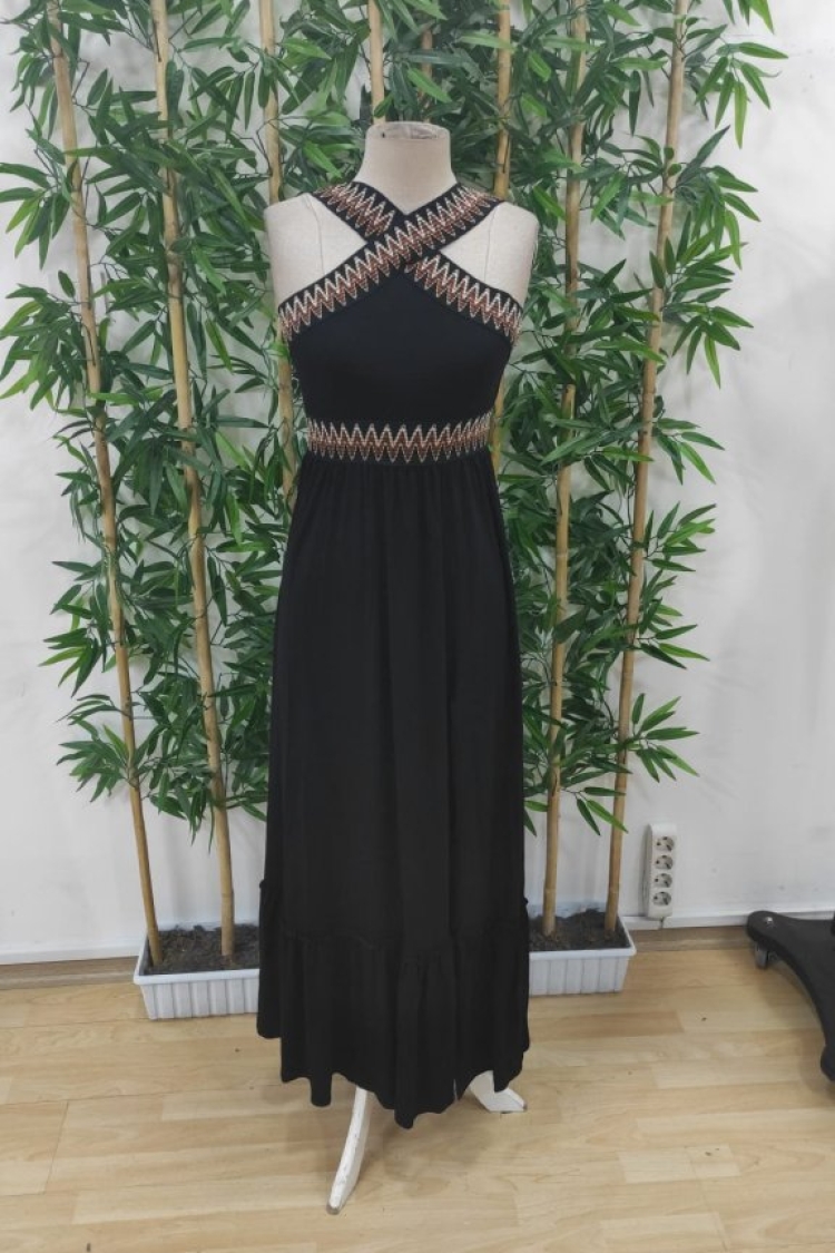 Women's Strappy Neck Cross Detailed Viscose Dress - Black
