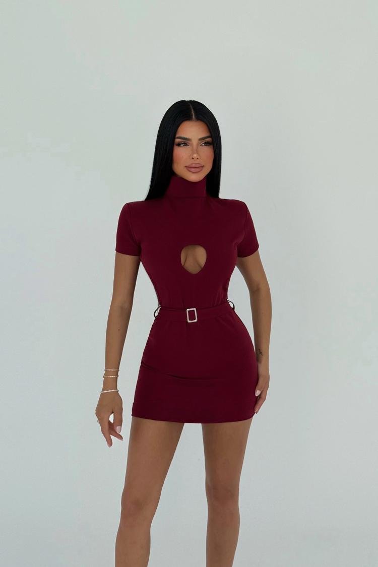 Burgundy Camilo Belted Dress - EYYO ATELIER - Globality Store - Women Clothes Wholesale Turkey