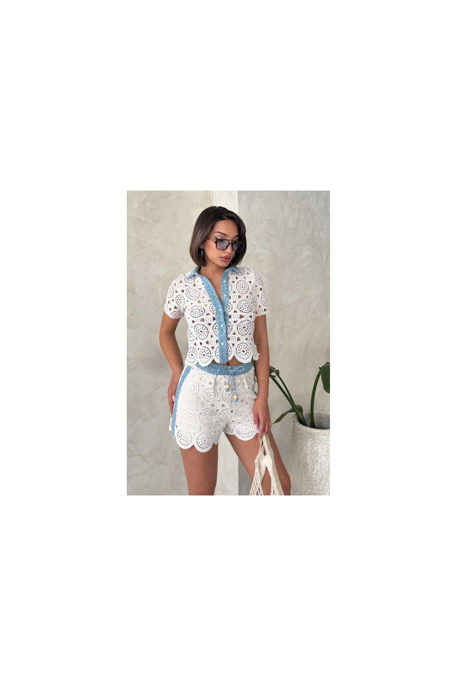 Denim Detailed Lace Shirt - Raw - Brand: Topshow - Women's Clothing Wholesale - Globality Store