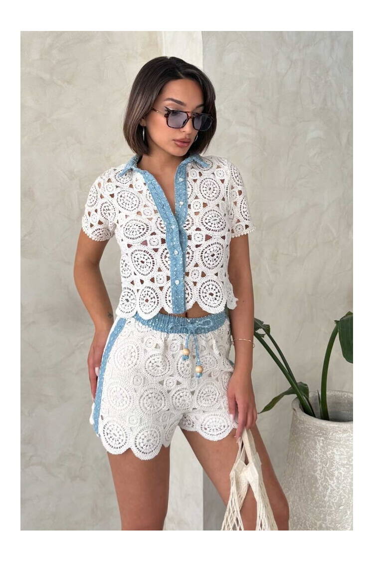 Denim Detailed Lace Shirt - Raw - Brand: Topshow - Women's Clothing Wholesale - Globality Store