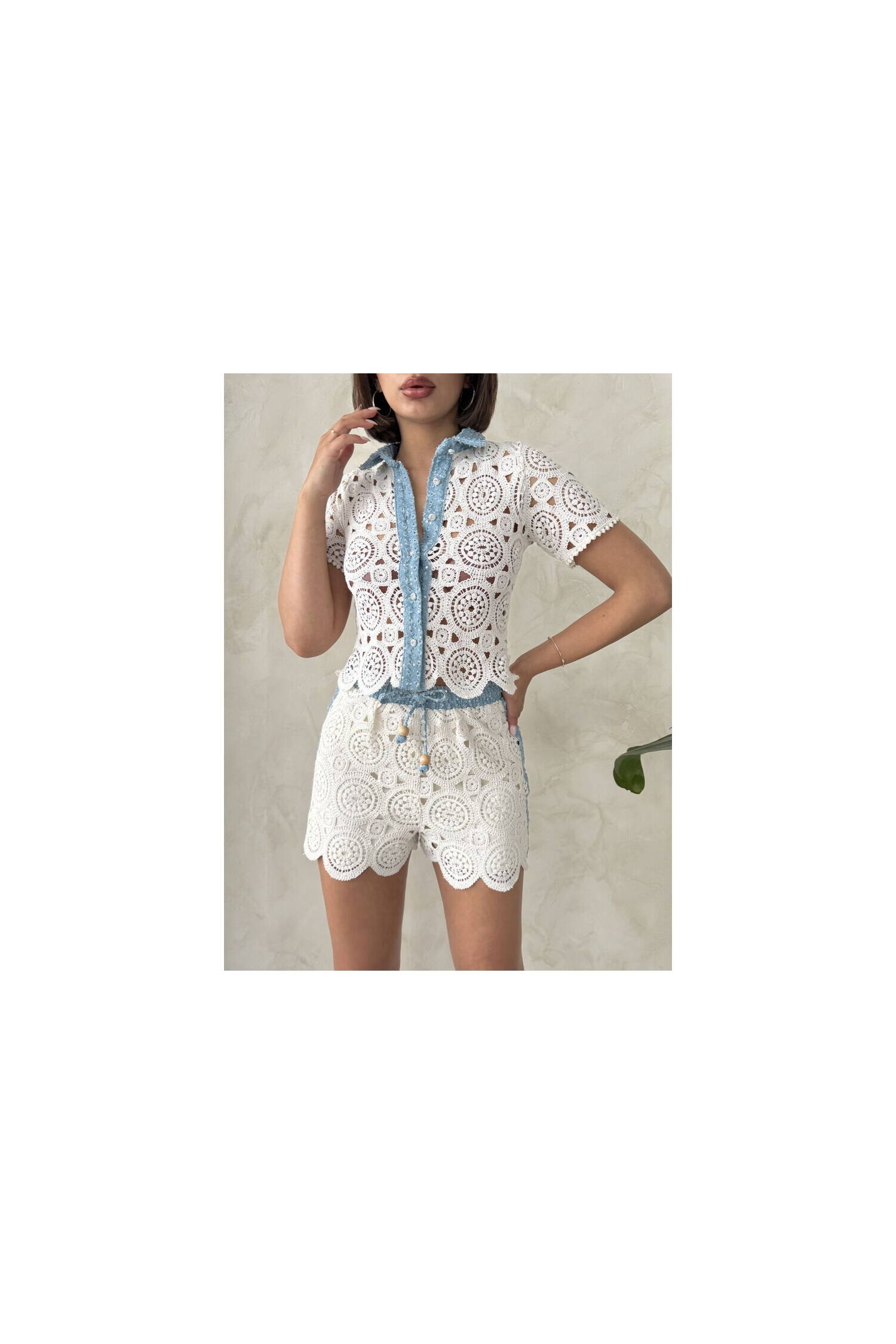 Denim Detailed Lace Shirt - Raw - Brand: Topshow - Women's Clothing Wholesale - Globality Store